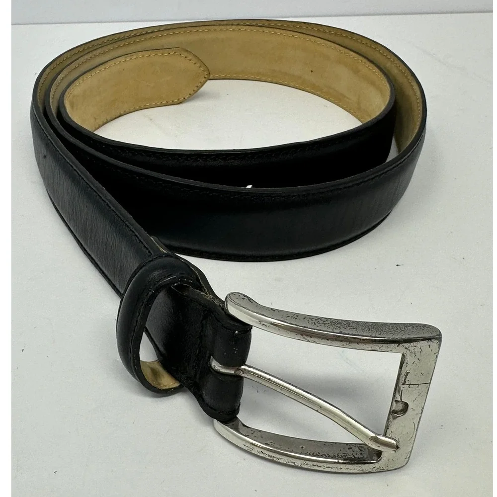 LL Bean Mens Black Genuine Leather Dress Belt Silver Buckle Size 42 Turkey